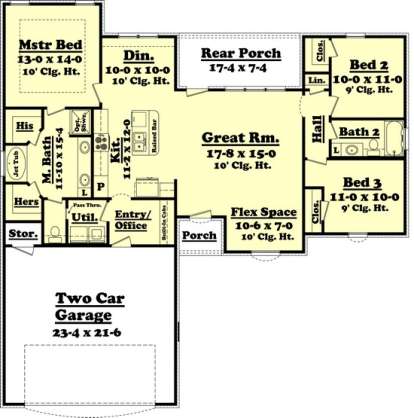 Ranch Plan 1,500 Square Feet, Bedrooms, Bathrooms Floor
