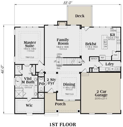 Main level with master suite, family room, dining, kitchen, breakfast area, laundry, powder room, 2-car garage, and deck. House Plan # 009-00214 Main Floor Floor Plan Drawing by America's Best House Plans, Inc.