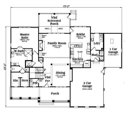 Main level with Master Suite, family room, kitchen, dining, screened porch, 3-car garage, mudroom, and laundry. House Plan # 009-00223 Main Floor Floor Plan Drawing by America's Best House Plans, Inc.