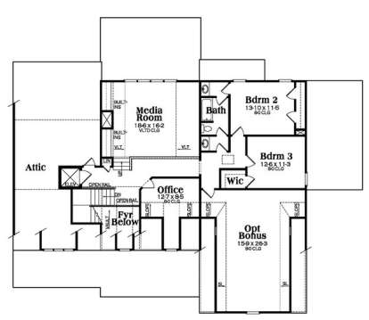 Upper level with 2 beds, media room, office, bath, storage, and optional bonus room. House Plan # 009-00223 Second Floor Floor Plan Drawing by America's Best House Plans, Inc.