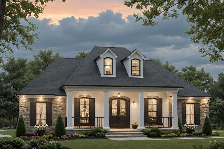 House Plan House Plan #16543 Angled Front Elevation at Dusk