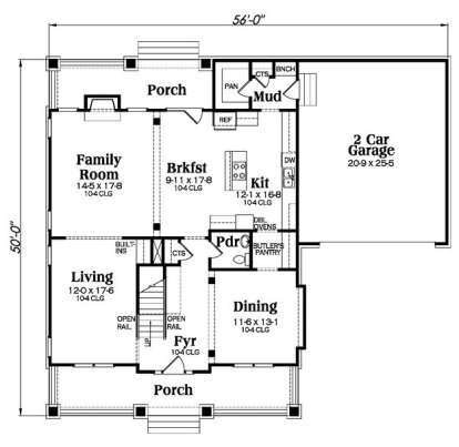 Main floor with living, family room, dining, kitchen, breakfast area, mudroom, 2-car garage, and front/rear porches. House Plan # 009-00234 Main Floor Floor Plan Drawing by America's Best House Plans, Inc.