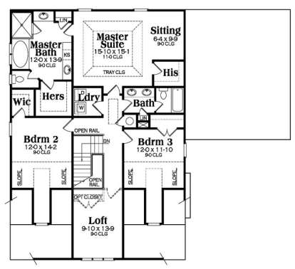 Second floor with master suite, sitting area, WIC, 2 bedrooms, shared bath, laundry, loft, and stairs. House Plan # 009-00234 Second Floor Floor Plan Drawing by America's Best House Plans, Inc.