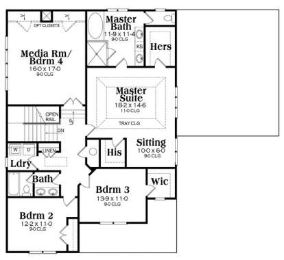 Second floor with master suite, sitting area, WIC, master bath, 3 bedrooms, shared bath, and laundry room. House Plan # 009-00236 Second Floor Floor Plan Drawing by America's Best House Plans, Inc.