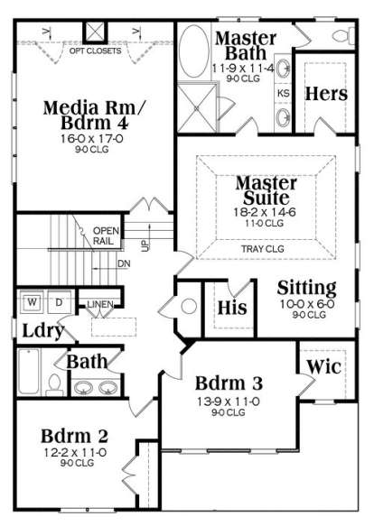 Upper level with master suite, tray ceiling, WIC, his/hers closets, 3 additional bedrooms, hall bath, and laundry. House Plan # 009-00237 Second Floor Floor Plan Drawing by America's Best House Plans, Inc.