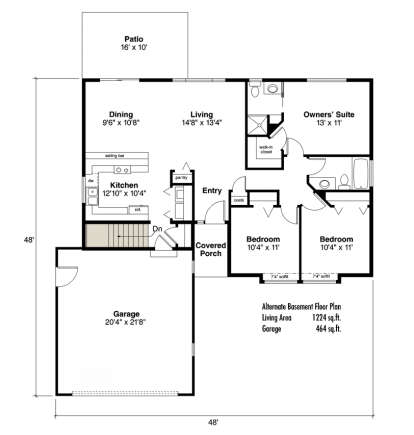Main Floor w/ Basement Stairs Location for House Plan #035-00673