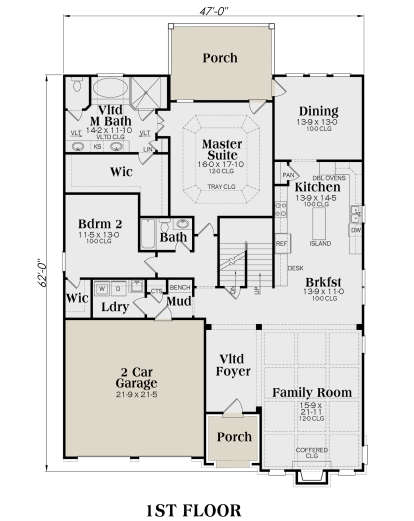 Main floor with master suite, 1 BR, 2 BA, kitchen with island, dining, family room, 2-car garage, mudroom, and porches. House Plan # 009-00243 Main Floor Floor Plan Drawing by America's Best House Plans, Inc.