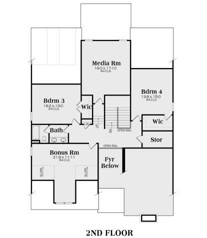 Second floor with 2 BRs, 1 BA, media room, bonus room, WIC, storage, stairs, and open rail overlooking foyer. House Plan # 009-00243 Second Floor Floor Plan Drawing by America's Best House Plans, Inc.