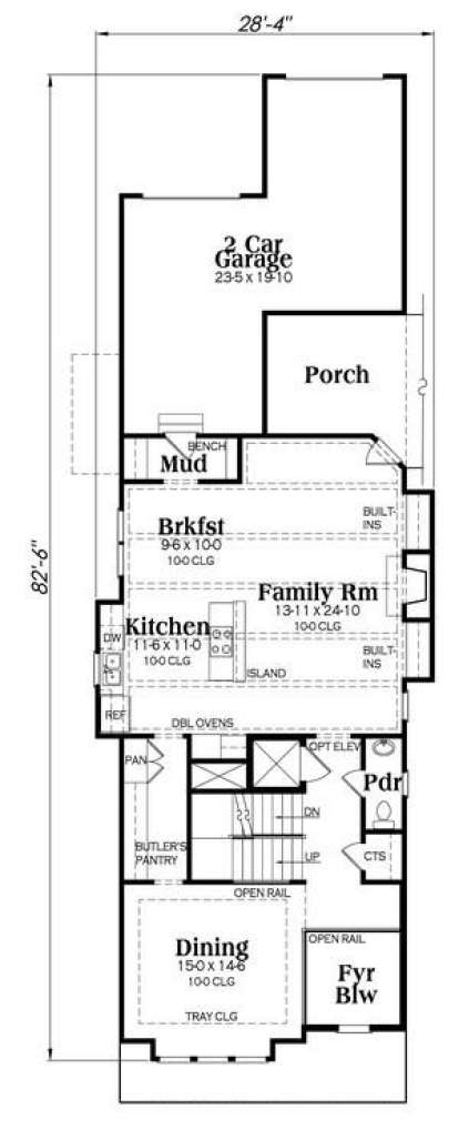 Main floor with 2-car garage, mudroom, kitchen, breakfast area, family room, butler's pantry, dining room, and foyer. House Plan # 009-00244 Main Floor Floor Plan Drawing by America's Best House Plans, Inc.