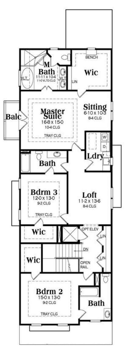 Second floor with master suite, sitting area, M bath, WIC, balcony, laundry, loft, 2 bedrooms, and 2 baths. House Plan # 009-00244 Second Floor Floor Plan Drawing by America's Best House Plans, Inc.
