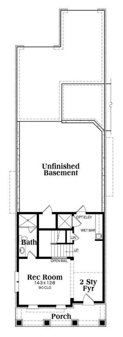 Basement floor with unfinished area, rec room, bath, wet bar, and porch. House Plan # 009-00244 Basement Floor Plan Floor Plan Drawing by America's Best House Plans, Inc.