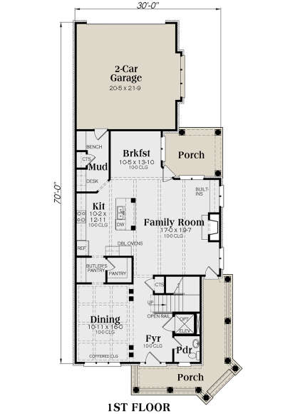 1st floor with 2-car garage, mudroom, kitchen, family room, dining room, foyer, powder room, and front/rear porches. House Plan # 009-00245 Main Floor Floor Plan Drawing by America's Best House Plans, Inc.