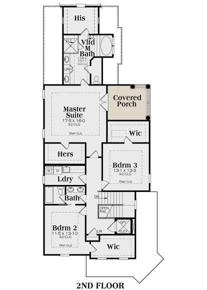 2nd floor with master suite, 2 bedrooms, shared bath, laundry, covered porch, WICs, and optional elevator. House Plan # 009-00245 Second Floor Floor Plan Drawing by America's Best House Plans, Inc.
