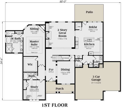 Main level with master suite, study, 2-story great room, kitchen, breakfast nook, dining, 3-car garage, and porch. House Plan # 009-00248 Main Floor Floor Plan Drawing by America's Best House Plans, Inc.