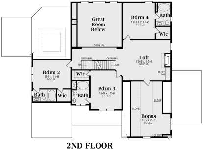 Upper level with 3 beds, 3 baths, loft, bonus room, WICs, and open-to-below area. House Plan # 009-00248 Second Floor Floor Plan Drawing by America's Best House Plans, Inc.