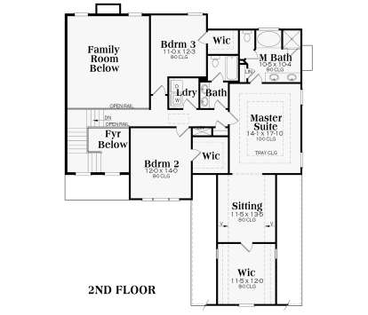 2nd floor with master suite, sitting area, WIC, 2 additional BRs, shared BA, laundry, and open-to-below area. House Plan # 009-00249 Second Floor Floor Plan Drawing by America's Best House Plans, Inc.