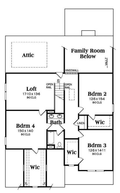 Second floor with loft, 3 beds, shared bath, WICs, attic space, and open-to-below area. House Plan # 009-00250 Second Floor Floor Plan Drawing by America's Best House Plans, Inc.