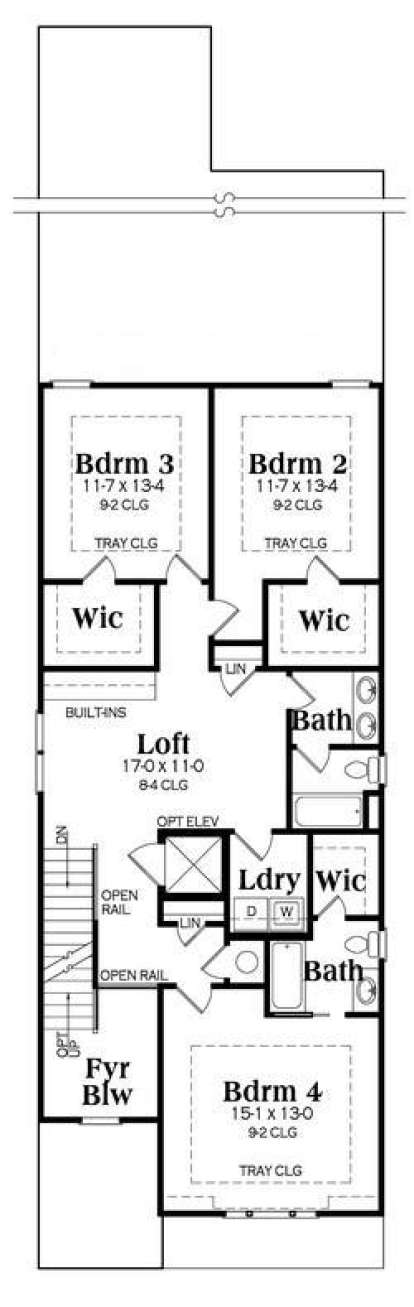 Second floor with 3 bedrooms, 2 baths, loft, laundry room, WICs, and stairs. House Plan # 009-00251 Second Floor Floor Plan Drawing by America's Best House Plans, Inc.