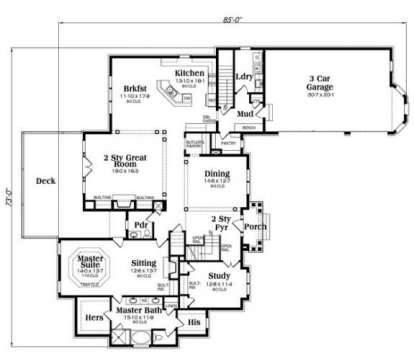 Main level with master suite, sitting room, study, 2-story great room, kitchen, breakfast area, and 3-car garage. House Plan # 009-00252 Main Floor Floor Plan Drawing by America's Best House Plans, Inc.
