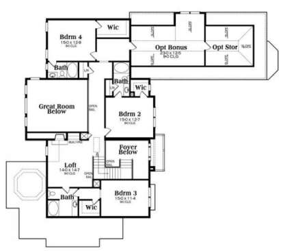 Upper level with 3 beds, 3 baths, loft, WIC, and optional bonus room with storage space. House Plan # 009-00252 Second Floor Floor Plan Drawing by America's Best House Plans, Inc.