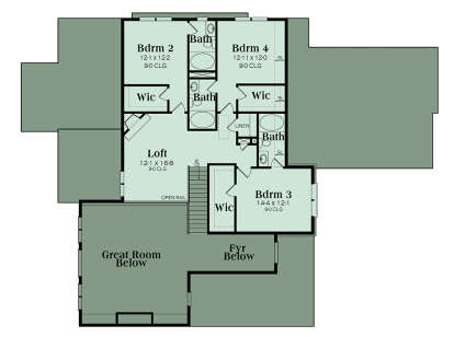 Upper level with 3 beds, 3 baths, loft, WICs, and open-to-below views of the great room and foyer. House Plan # 009-00255 Upper Floor Plan Floor Plan Drawing by America's Best House Plans, Inc.