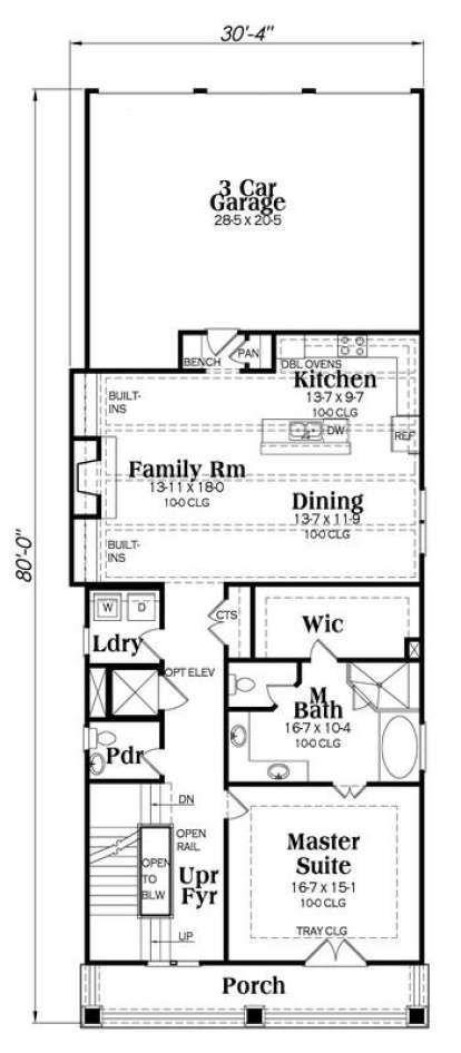 Main floor with 3-car garage, kitchen, family room, dining, powder room, laundry, and master suite with WIC and bath. House Plan # 009-00257 Main Floor Plan Floor Plan Drawing by America's Best House Plans, Inc.