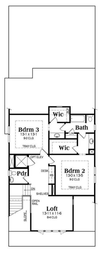 Upper floor with 2 bedrooms, shared bath, loft, powder room, desk area, and multiple WICs. House Plan # 009-00257 Upper Floor Plan Floor Plan Drawing by America's Best House Plans, Inc.
