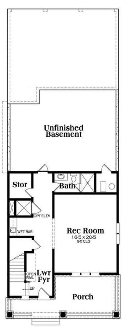 Basement level with rec room, wet bar, bath, storage, unfinished area, and lower porch. House Plan # 009-00257 Basement Floor Plan Floor Plan Drawing by America's Best House Plans, Inc.