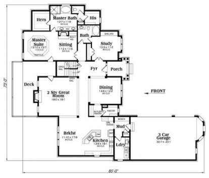 Main floor with master suite, sitting area, study, 2-story great room, kitchen, breakfast nook, and 3-car garage. House Plan # 009-00258 Main Floor Plan Floor Plan Drawing by America's Best House Plans, Inc.
