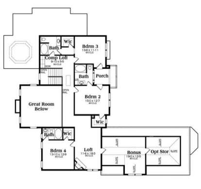 Upper level with 3 beds, 3 baths, loft, computer loft, bonus room, optional storage, and open-to-below area. House Plan # 009-00258 Upper Floor Plan Floor Plan Drawing by America's Best House Plans, Inc.