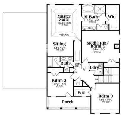 Upper level with master suite, sitting area, M Bath, WIC, 3 additional beds, shared bath, laundry, and porch. House Plan # 009-00259 Upper Floor Plan Floor Plan Drawing by America's Best House Plans, Inc.