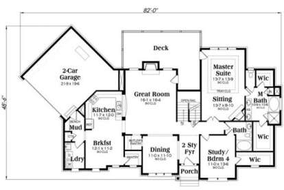 Main floor with 2-car garage, kitchen, breakfast area, great room, dining, master suite with sitting area, and study. House Plan # 009-00263 Main Floor Plan Floor Plan Drawing by America's Best House Plans, Inc.