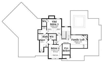 Upper level with 2 bedrooms, shared bath, family loft, open-to-below area, and storage. House Plan # 009-00263 Upper Floor Plan Floor Plan Drawing by America's Best House Plans, Inc.