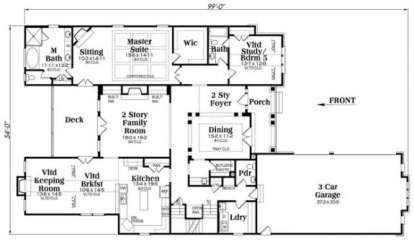 Main level with master suite, 5th bed/study, 2-story family room, kitchen, keeping room, deck, and 3-car garage. House Plan # 009-00266 Main Floor Plan Floor Plan Drawing by America's Best House Plans, Inc.