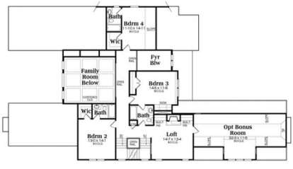 Second level with 3 beds, loft, optional bonus room, shared baths, and open-to-below area. House Plan # 009-00266 Second Level Floor Plan Drawing by America's Best House Plans, Inc.