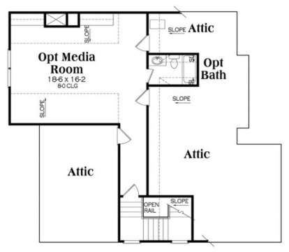 Third level with optional media room, optional bath, and unfinished attic storage space. House Plan # 009-00266 Third Level Floor Plan Drawing by America's Best House Plans, Inc.