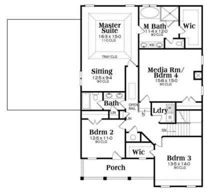 Upper level with master suite, sitting area, 3 additional bedrooms/media room, laundry, shared bath, and porch. House Plan # 009-00267 Upper Floor Plan Floor Plan Drawing by America's Best House Plans, Inc.