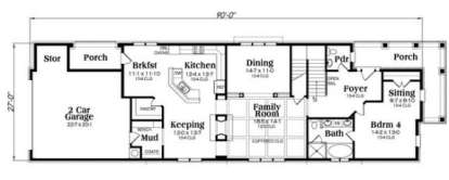 Main floor with 1 bed, 1 bath, kitchen, breakfast, dining, family room, keeping room, mudroom, 2-car garage, and porches. House Plan # 009-00268 Main Floor Plan Floor Plan Drawing by America's Best House Plans, Inc.