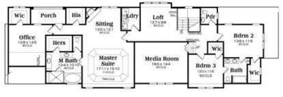 Upper floor with master suite, 2 beds, office, media room, loft, laundry, 2 baths, WICs, and sitting area. House Plan # 009-00268 Upper Floor Plan Floor Plan Drawing by America's Best House Plans, Inc.