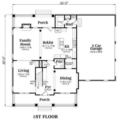Main floor with family room, kitchen, breakfast area, dining room, living room, mudroom, 3-car garage, and porches. House Plan # 009-00270 Main Floor Plan Floor Plan Drawing by America's Best House Plans, Inc.