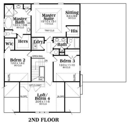 Upper level with master suite, sitting area, 2 additional bedrooms, loft/bedroom 4, laundry, and shared bath. House Plan # 009-00270 Upper Floor Plan Floor Plan Drawing by America's Best House Plans, Inc.