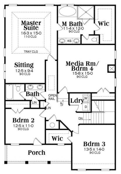 Upper level with master suite, sitting area, M bath, WIC, 3 bedrooms, laundry, shared bath, and porch. House Plan # 009-00271 Upper Floor Plan Floor Plan Drawing by America's Best House Plans, Inc.