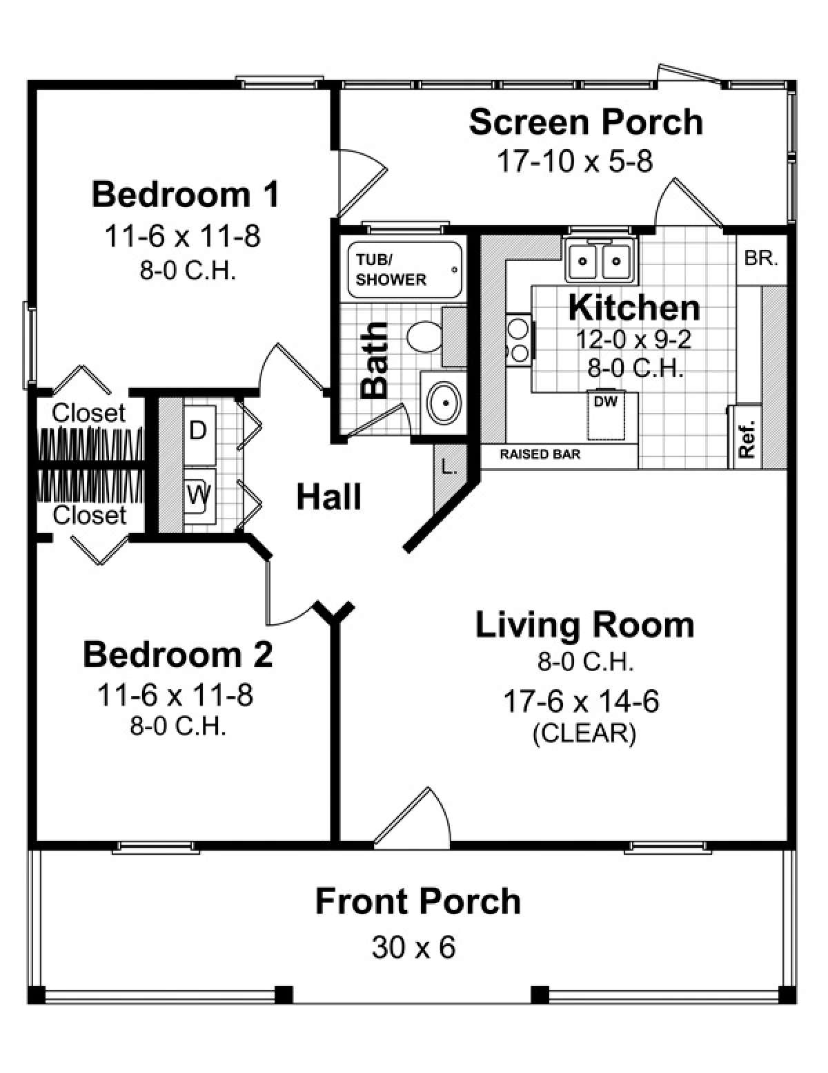 Southern Plan: 800 Square Feet, 2 Bedrooms, 1 Bathroom - 348-00252