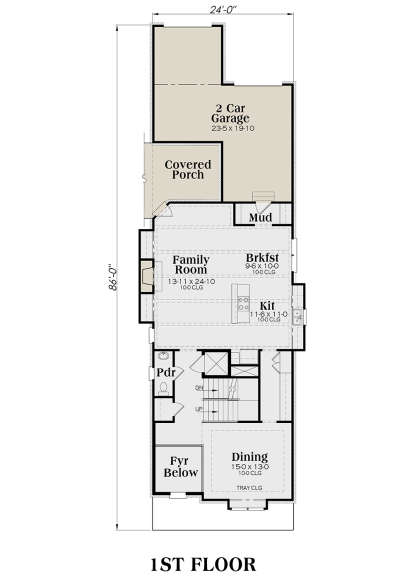 Main floor with dining, foyer, powder room, stairs, open kitchen, breakfast area, family room, and 2-car garage. House Plan # 009-00273 Main Floor Floor Plan Drawing by America's Best House Plans, Inc.