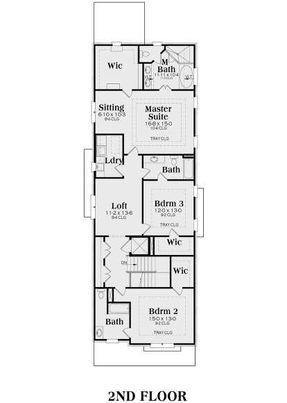 Second floor with master suite, sitting area, WIC, M Bath, laundry, loft, two bedrooms, and shared bath. House Plan # 009-00273 Second Floor Floor Plan Drawing by America's Best House Plans, Inc.