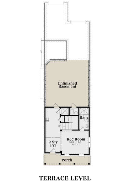 Terrace level with unfinished basement, rec room, bath, stairs, and covered porch. House Plan # 009-00273 Basement Floor Plan Drawing by America's Best House Plans, Inc.