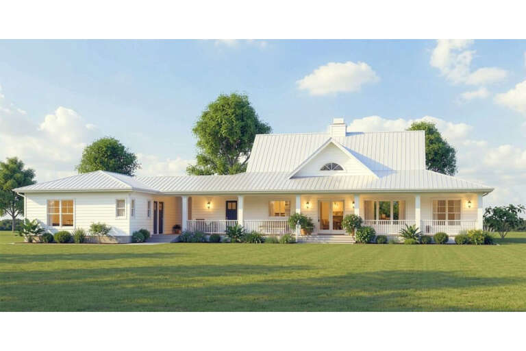 Front view of a white house in Farmhouse style, metal roof, wrap-around porch, arched gable window, and lush landscaping. House Plan # 3125-00008