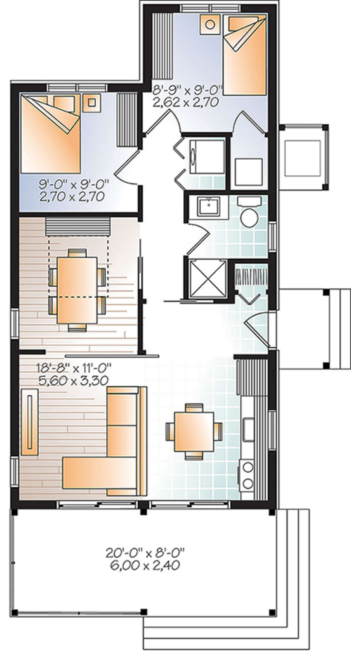 Narrow Lot Plan: 700 Square Feet, 2-3 Bedrooms, 1 Bathroom - 034-01073