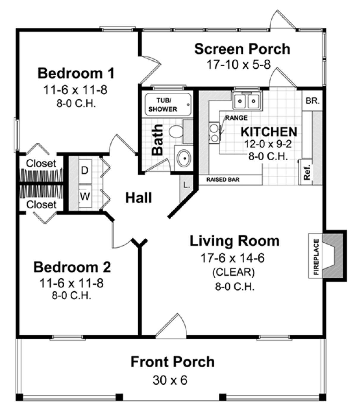 Country Plan: 800 Square Feet, 2 Bedrooms, 1 Bathroom - 348-00259