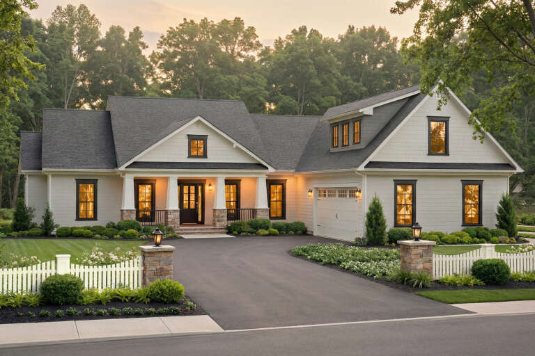 House Plan House Plan #17885 Angled Front Elevation at Dusk